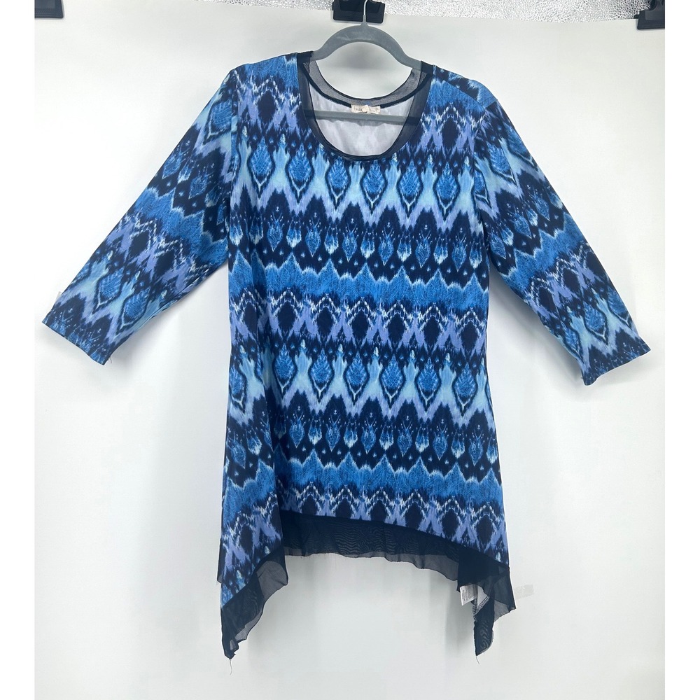 Indigo Soul Blue Ikat Paisley Sharkbite Hem Tunic Top Mesh Trim XL